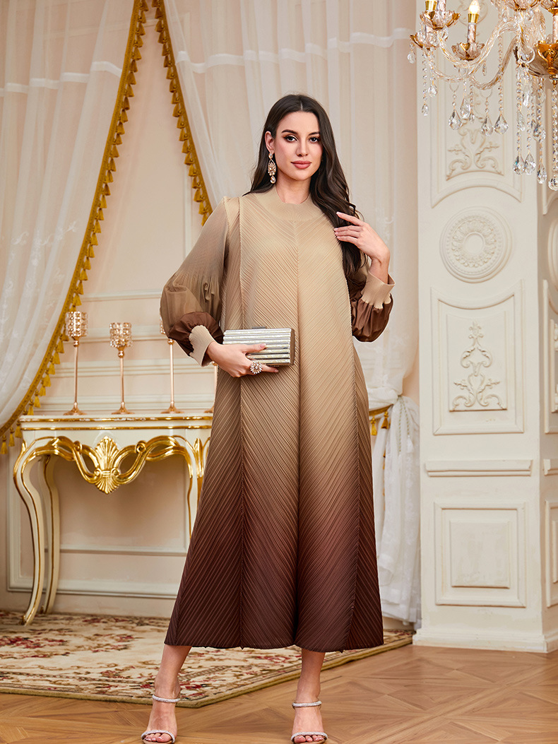 Foreign Trade Middle Eastern Women's Clothing Dubai Pleated Robe Elegant High-End Gradient Color Puff Sleeve Long Loose_ecoleips.com