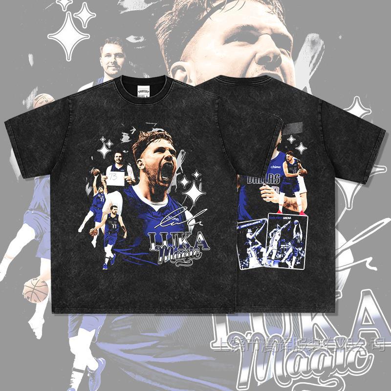 Vintage Americana Luka Doncic impresión camiseta de manga corta pesada camiseta de cuello redondo con sombrero de manga larga hombre y mujer