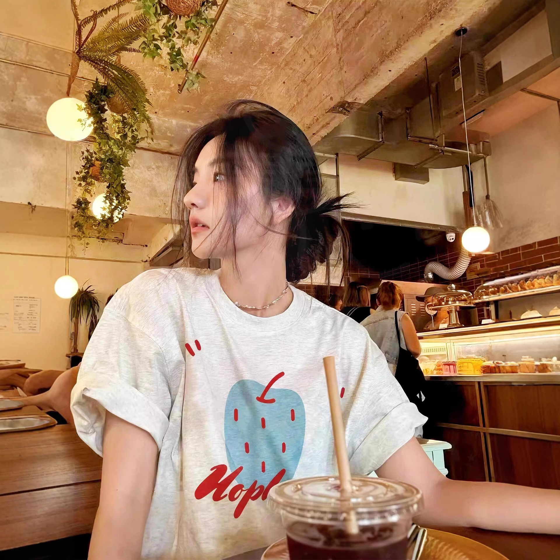 胖mm美式苹果大码短袖T恤女2025夏季新款印花宽松百搭显瘦上衣潮