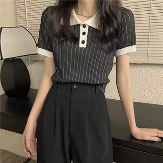 美式复古针织polo衫领撞色T恤女夏季百搭短款修身露脐短袖上衣潮