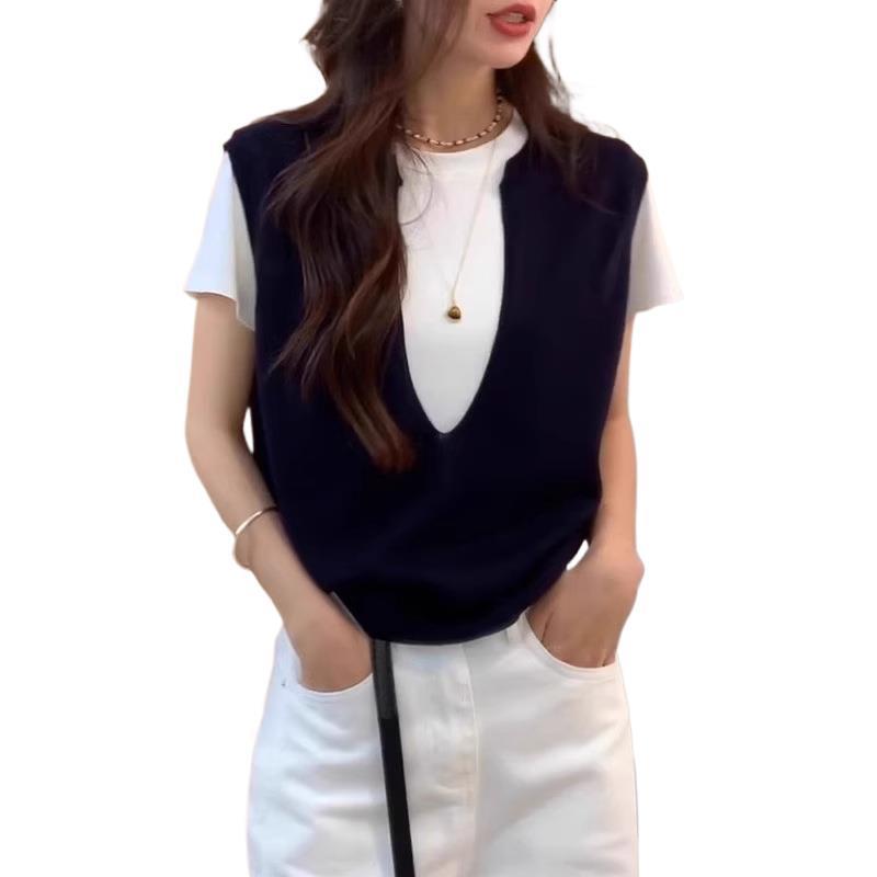 假两件短袖针织衫t恤女大码夏季胖mm冰丝薄款宽松显瘦上衣|undefined