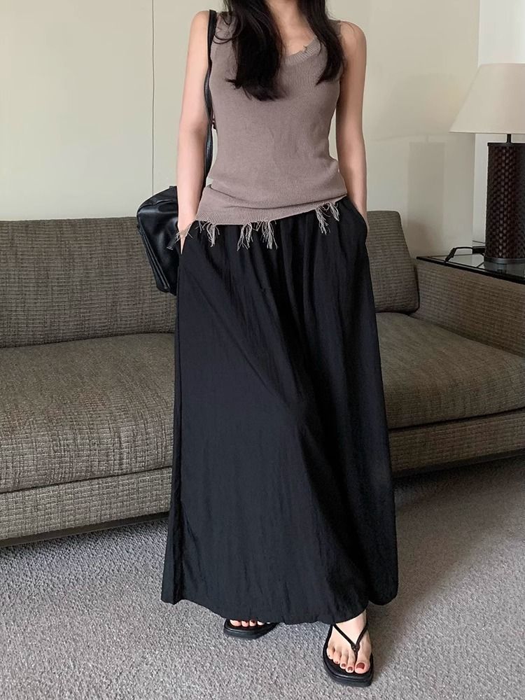 Textured casual trousers for women new retro high waist slim design solid color wide leg skirt pants_voghion.com