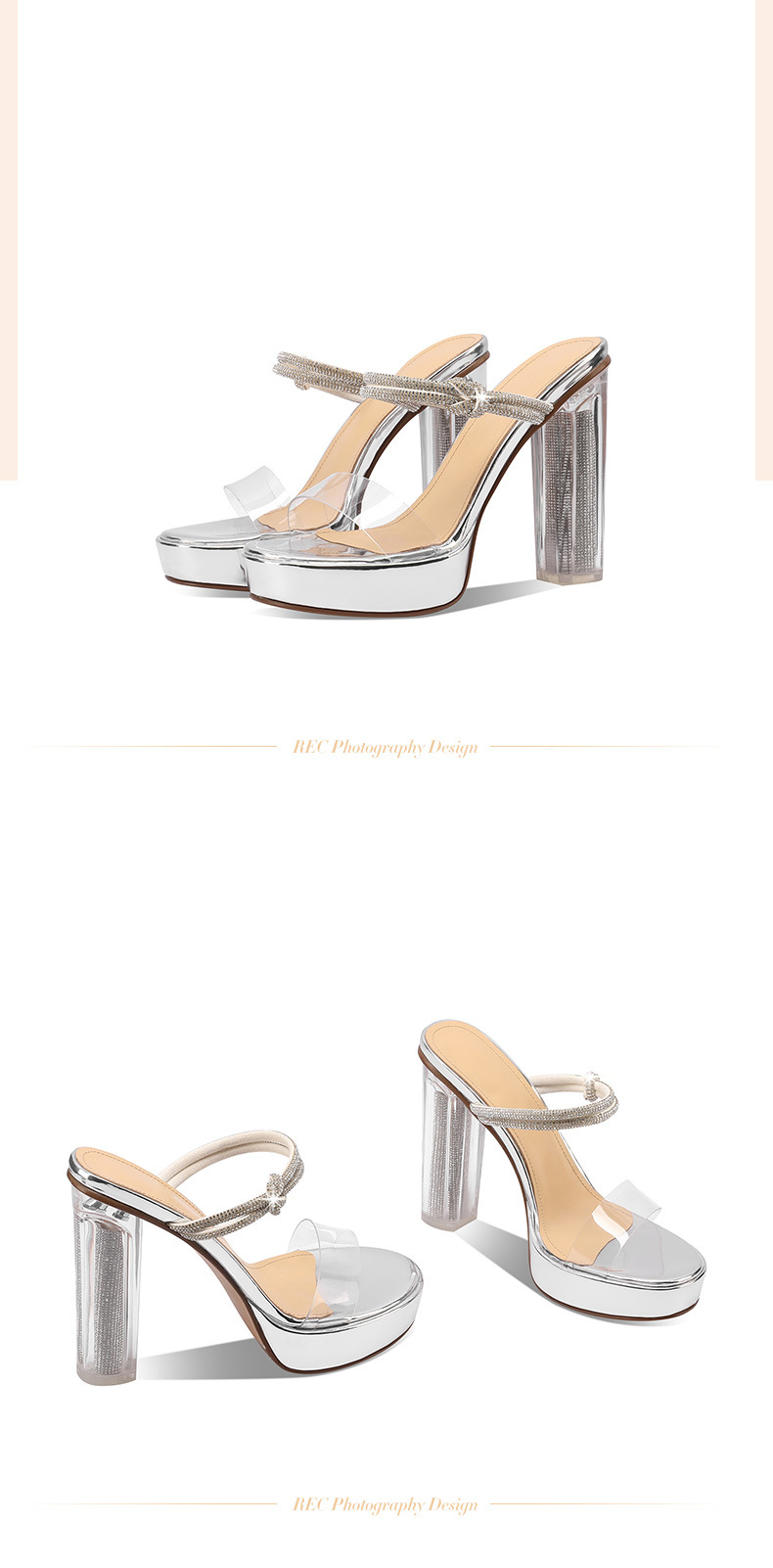 Sandal cao gót nữ gót trong suốt pha lê, quai ngang, gót 9 cm — Màu Sâm panh chi tiết 19