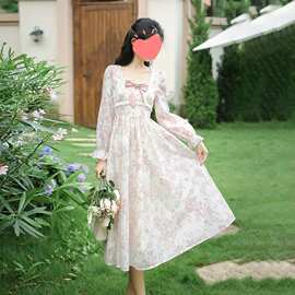 秋冬新款时尚茶歇法式名媛风甜美烫金长袖长裙高腰仙女连衣裙女装