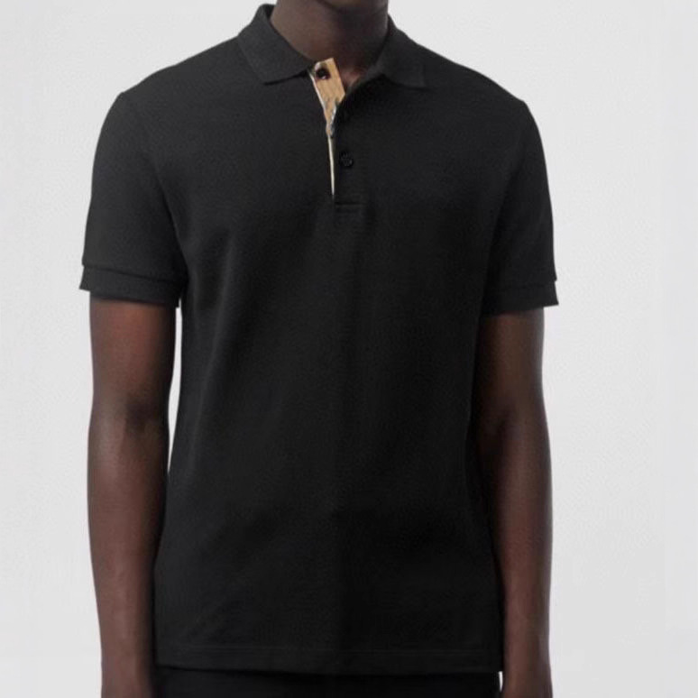 Polo de manga corta y media manga para hombre bordado de caballo de batalla en el pecho de tela a cuadros de tapeta de algodón mercerizado doble sin deformación