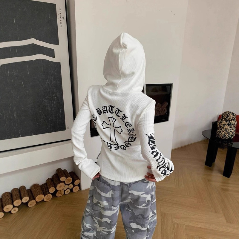 American Retro Hooded Zipper Cardigan Sweatshirt for Women in Early Autumn with Letter Print Sweet Sexy Slim Fit Versatile Top