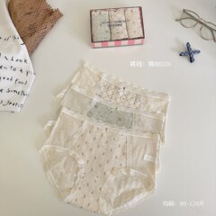 法式碎花田园网纱拼接蕾丝内裤提花棉质软糯女中腰三角裤盒装跨境