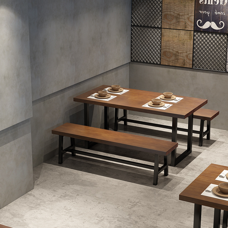 Retro Industrial Style Restaurant Bar Grill Store Solid Wood Table and Chair Set Commercial Rectangle Milk Tea Shop Table and Chairs