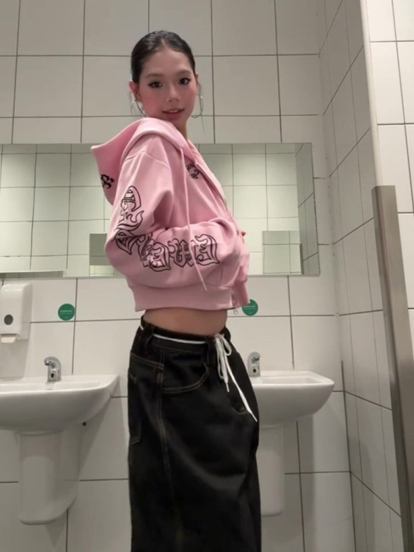 美式复古趣味图案长袖连帽卫衣女春秋设计感宽松气质休闲百搭外套|undefined