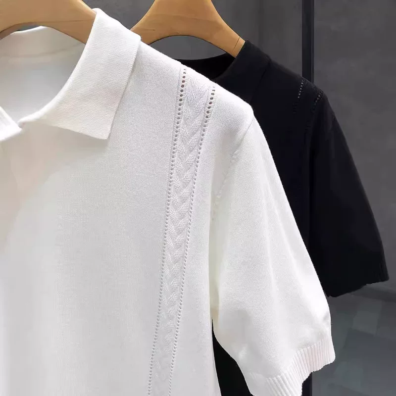 Solid summer thin T-shirt, silk polo, high collar, with short sleeve