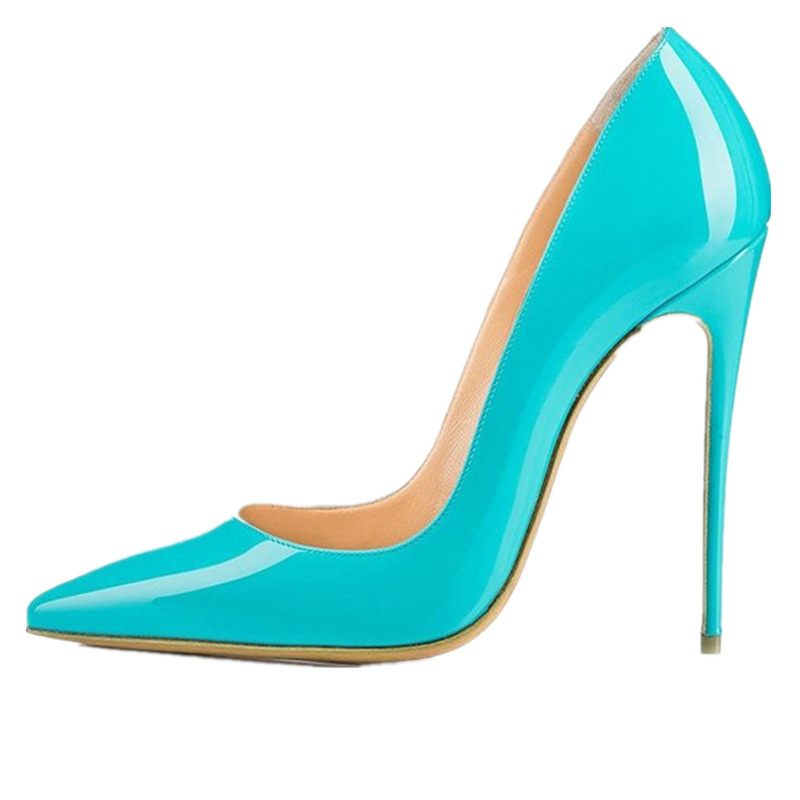 European and American Style New Turquoise Patent Leather Pointed High Heels Sexy Shallow Mouth Women's Soft Leather Shoes 10cm Women's Shoes 45