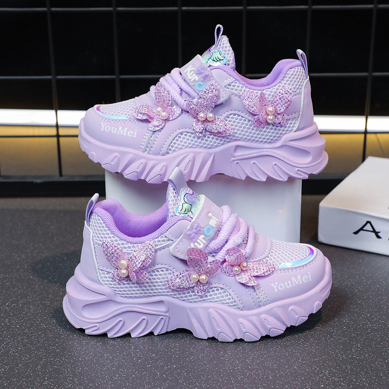 Spring New Kidsren's Sports Shoes, Girls' Butterfly Pearl Dad Shoes, Casual Shoes, Double Mesh Breathable Shoes for Kidsren and Middle-Aged Kidsren