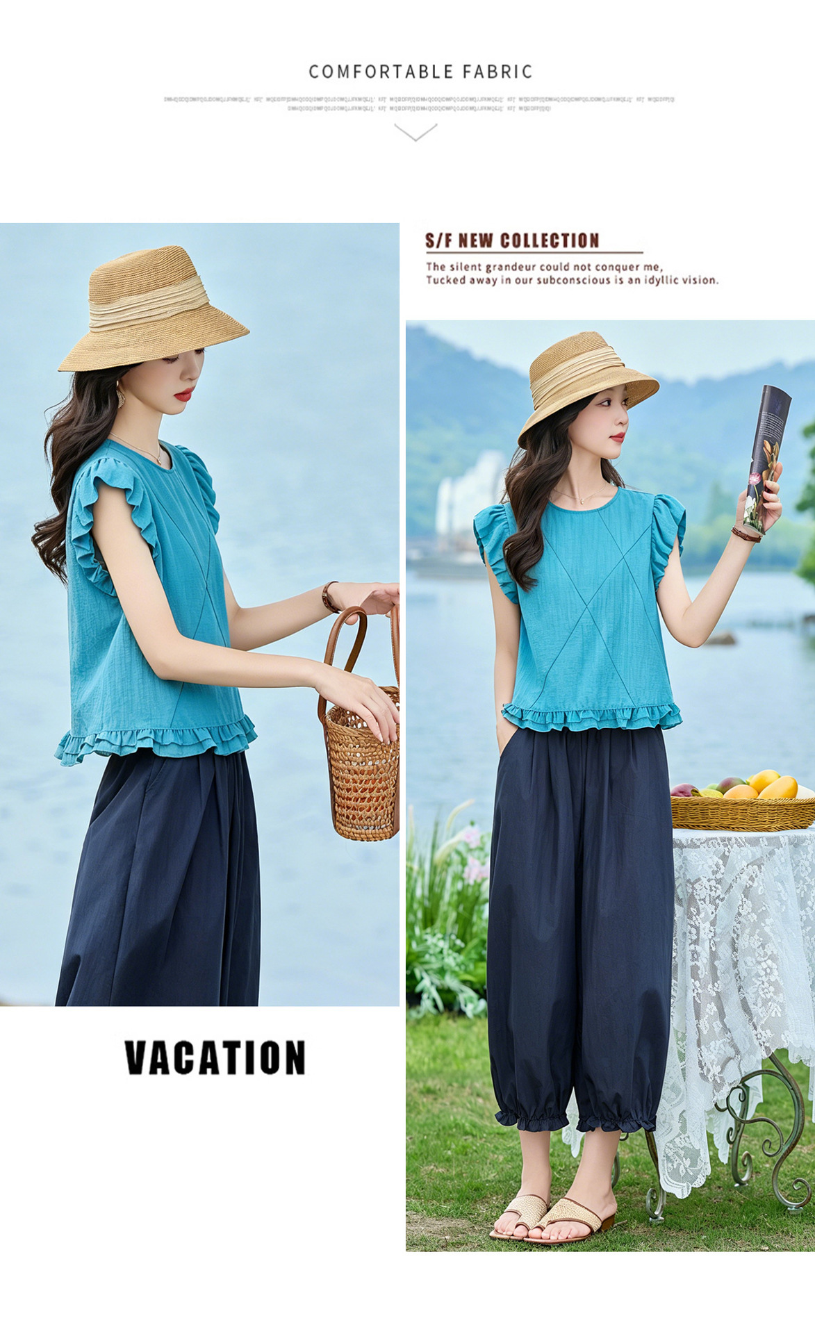 Bộ áo thun cổ tròn tay ngắn + quần ống rộng nữ 2 món mùa hè — màu sắc, màu xanh hồ chi tiết 14