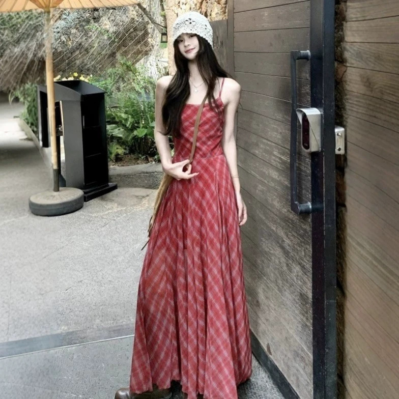 Red Plaid Long Skirt, Xinjiang Dopamine Bright Colors, Yunnan Vacation, Bohemian Dress, Seaside, Tingdail