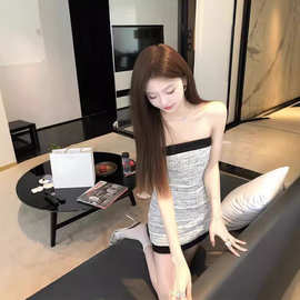 TZ4126小香风一字肩抹胸连衣裙女高级绝美气质名媛收腰甜辣包臀裙