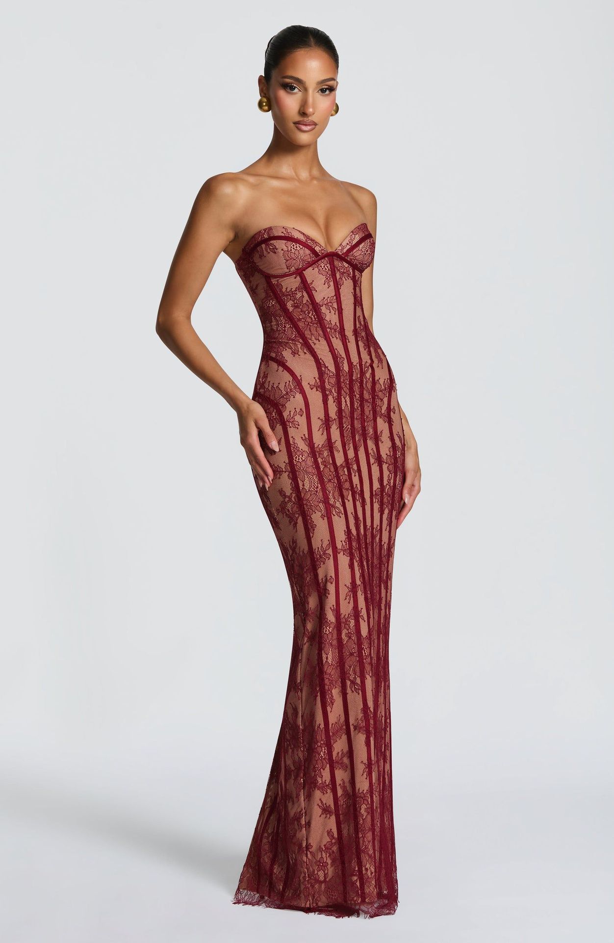 Elegant Lace Long Bodycon Dress For Evening Parties - Stunning High-Waisted Corset Design With Sheer Mesh & Floral Embroidery​_ecoleips.com
