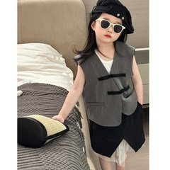 Children's Traditional Style Vest 2023 New Girl's Unconventional Design Vest Coat Gray Vest Kimono Dropshipping One Piece