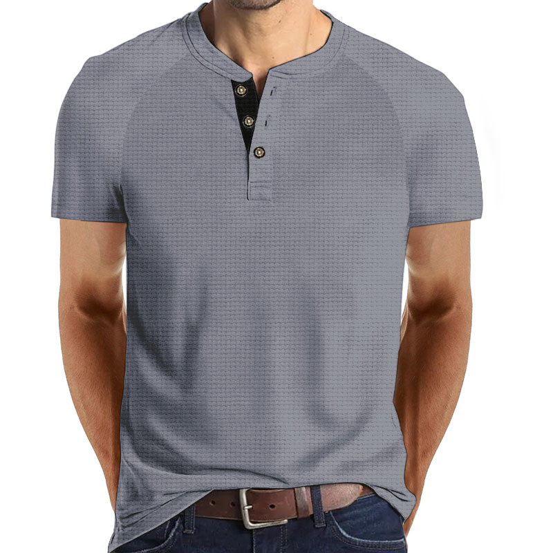 Men's Waffle Breathable Round Neck Button T-shirt For Summer_voghion.com