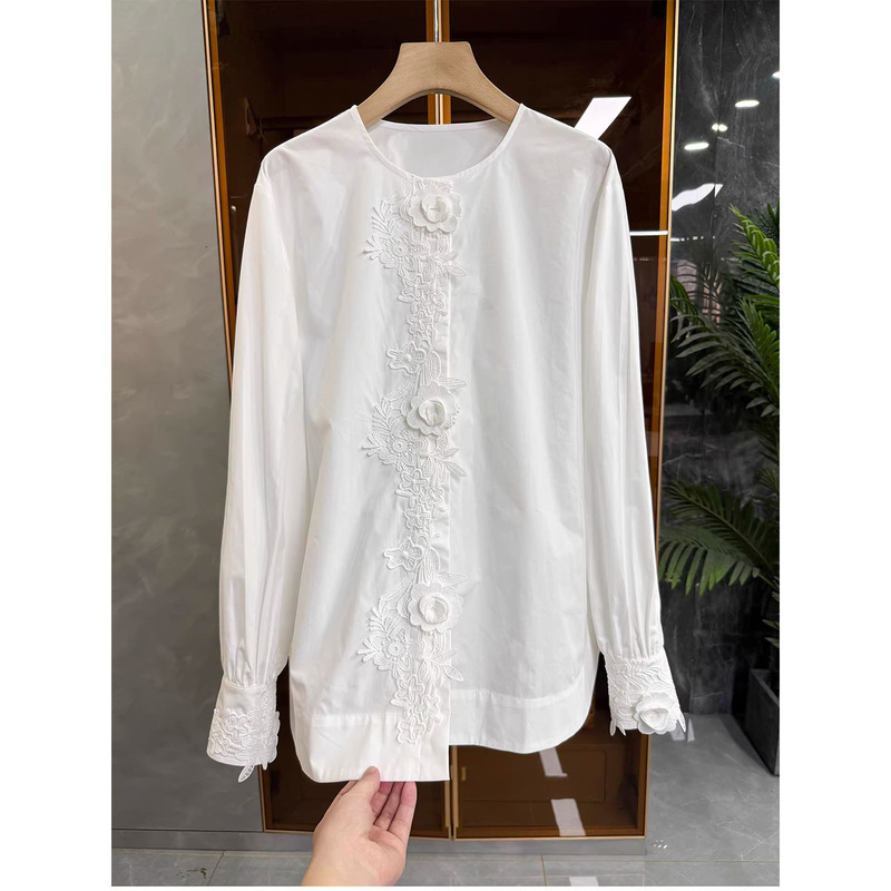 So Beautiful! Designer Style! Loose-Fitting Lace-Trimmed Round-Neck Long-Sleeve Cotton Shirt for Women Cyyq7~Me So Beautiful! Designer Style! Loose-Fitting Lace-Trimmed Round-Neck Long-Sleeve Cotton Shirt for Women Cyyq7~Me