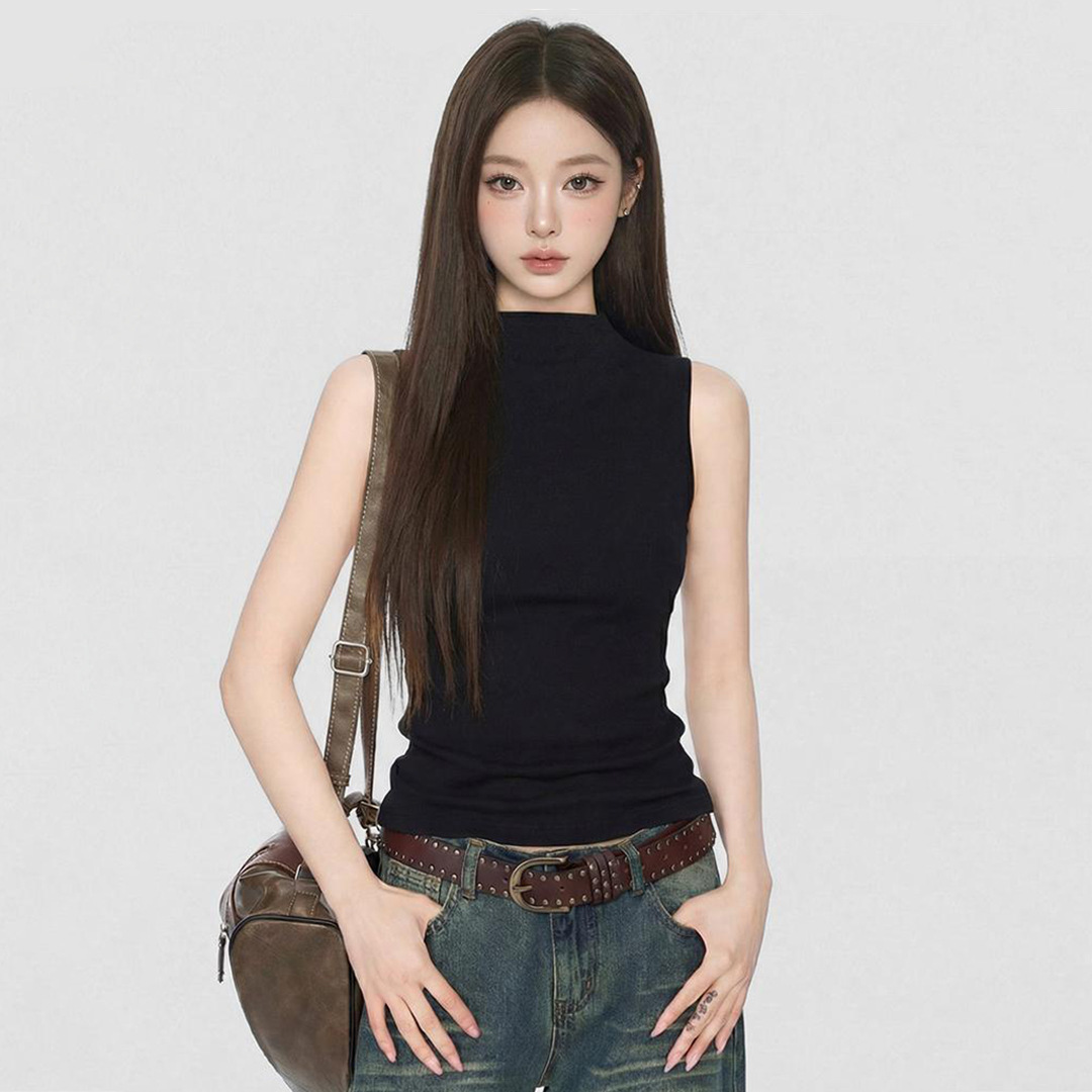 Basic Half-High Collar Sleeveless Camisole for Women, Summer Outerwear, Covering Side Breasts, Inner Layer, Slim Fit, Hot Girl Style Top