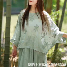2025夏苎麻重工刺绣文艺范休闲套头上衣 宽松蝙蝠袖苎麻T恤衫女