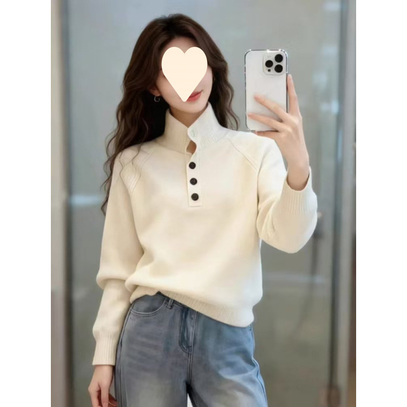 부드러운 스웨터 여성 터틀넥 단추 니트 나른한 바람 오버핏 스웨터 감령