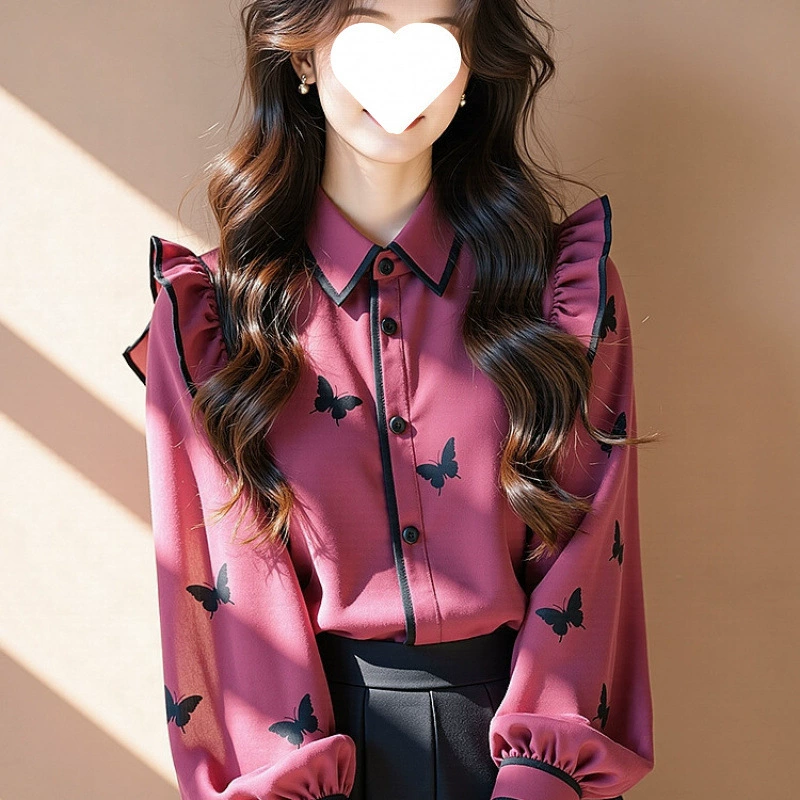 Рубашка с пышными рукавами, новая розово-красная рубашка с принтом бабочки, ретро-воротник ПОЛО, обтягивающий топ с маленькими летящими рукавами для женщин
