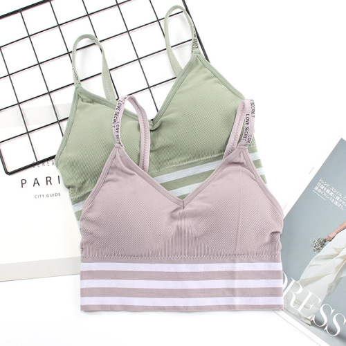 Seamless sports bra for women, fashionable English letter camisole, striped wrap top, no rims, beautiful back bra