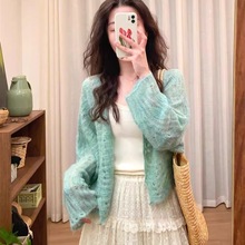 薄荷曼波绿色马海毛镂空针织开衫女春夏宽松外搭毛衣披肩罩衫外套