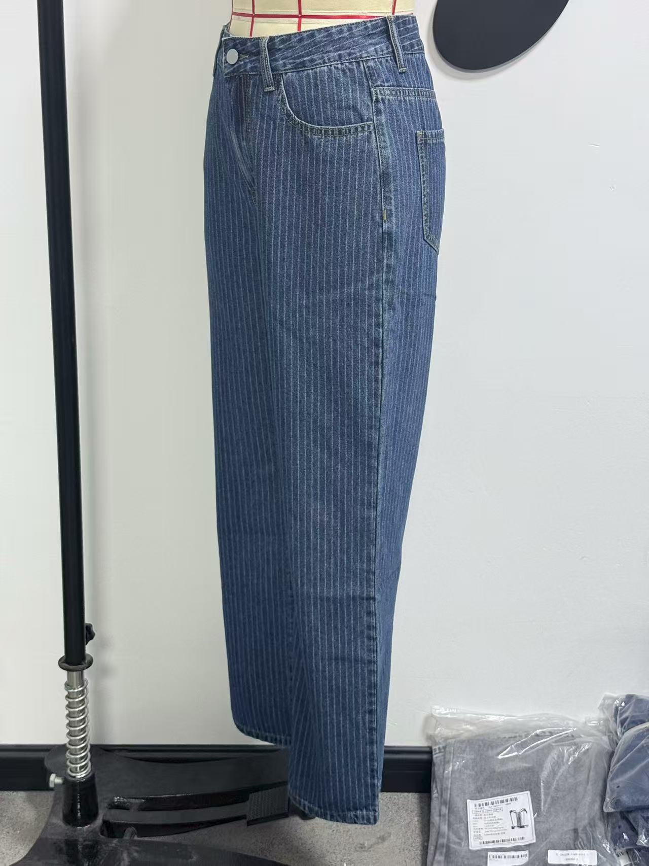 Women's High-Waisted Straight Leg Jeans Size 26 Sweet And Spicy Style Casual Striped Trousers Top Selling_mkmklike.com