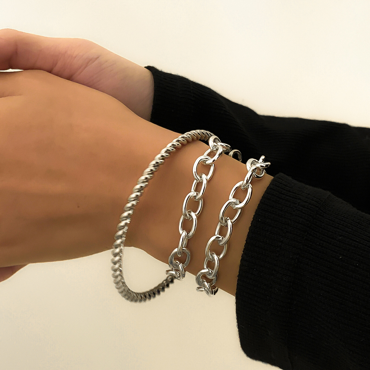 个性十字粗链螺纹手镯套装 简约镂空金属链条手饰女 欧美跨境饰品