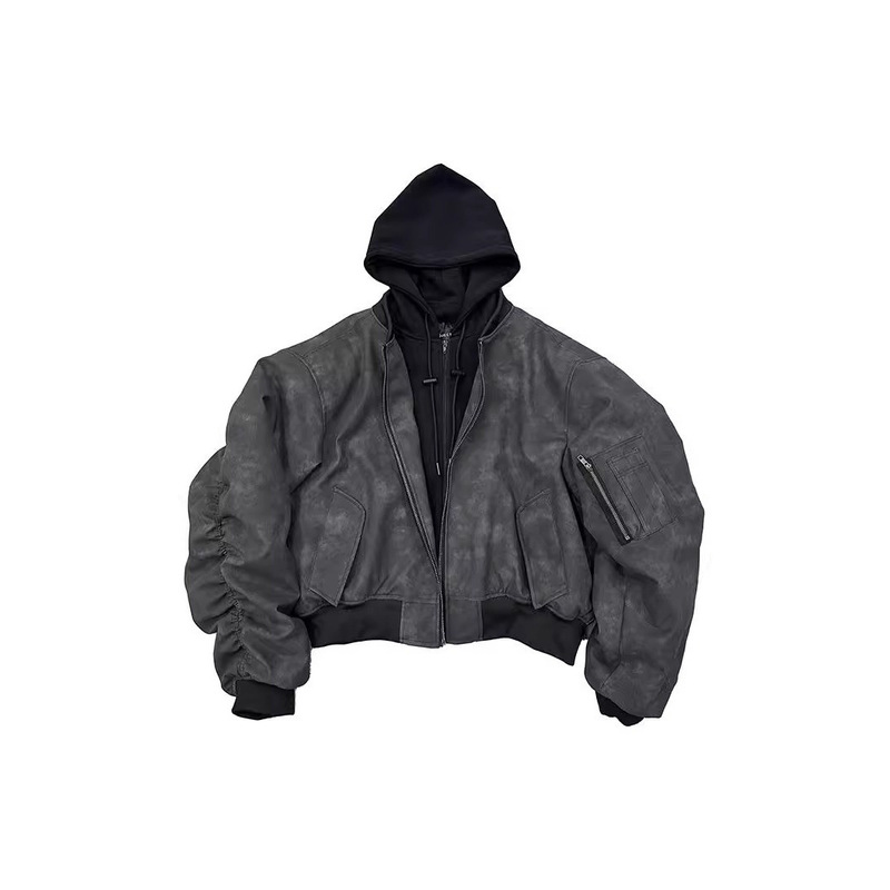 2025 Leather Jacket Double-Layer Faux Two-Piece Hooded Bomber Jacket Leather Cotton Coat Black Loose Fit