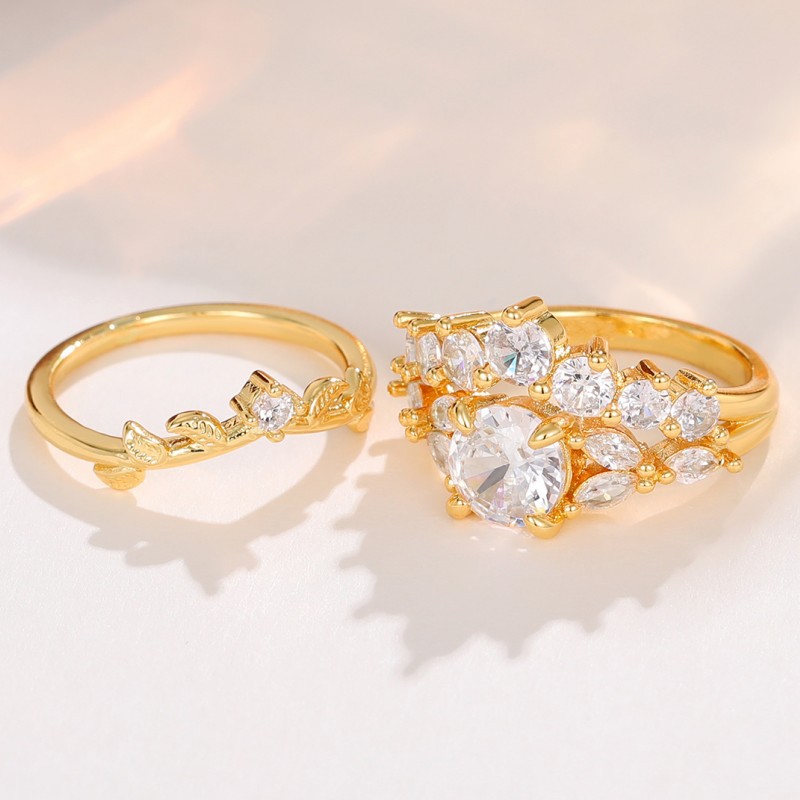 Copper Material Ig Style Shiny Round Leaves Copper Inlay Zircon Rings