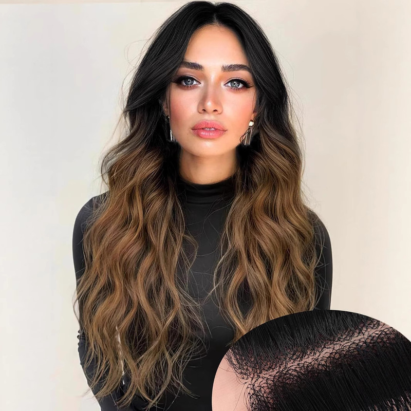 Cross-Border New Wig Amazon Best-Selling Small T-Shaped Front Lace Brown Dyed Medium Parted Long Curly Hair Glue-Free Headgear Cross-Border New Wig Amazon Best-Selling Small T-Shaped Front Lace Brown Dyed Medium Parted Long Curly Hair Glue-Free Headgear