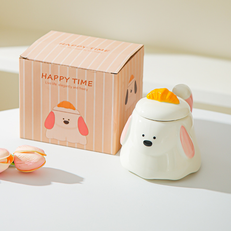 Cartoon dibujado a mano bolsas de corn de perro tazas de oficina encantadoras con tazas de agua cubiertas tazas de desayuno casero regalo de mano