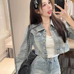 韩版重工烫钻牛仔套装女2025春秋设计感气质短款外套+裙裤两件套