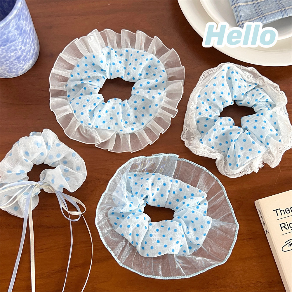 Nuevo azul ondulado punto encaje intestino anillo de cabello de cabello adorable chica cuerdas de cabello de cola de caballo universal adorno de cabello dulce