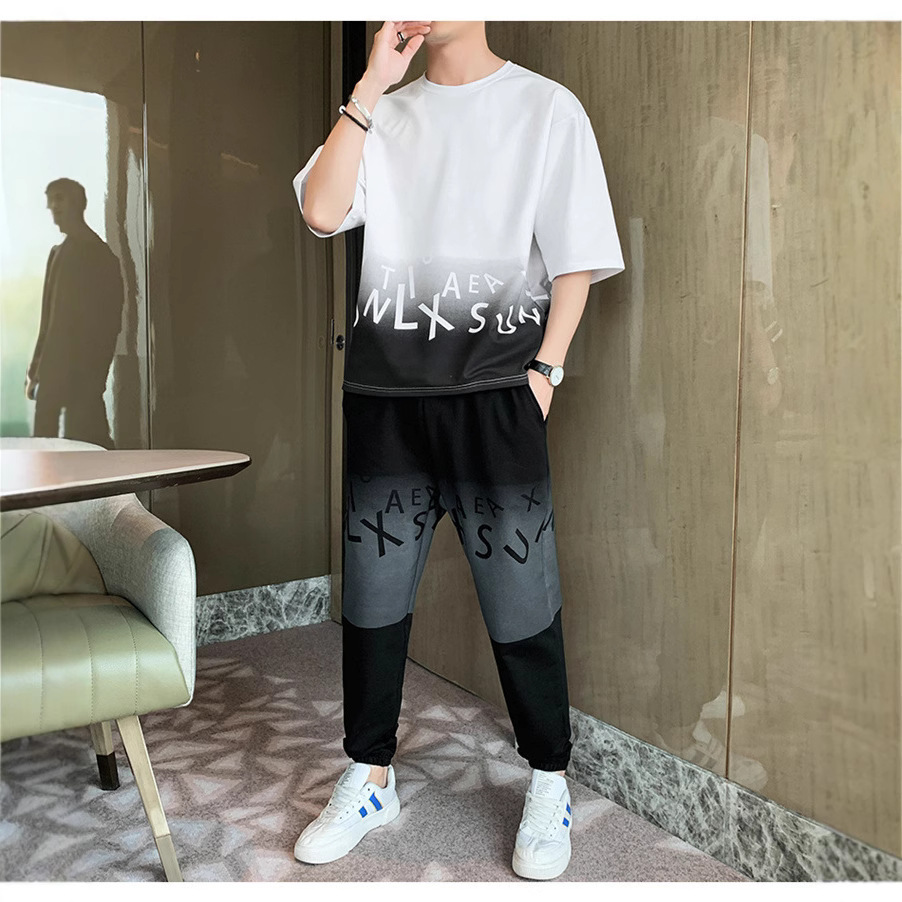 Men's Gradient Color Short Sleeve T-Shirt And Shorts Set Casual Summer Streetwear Hong Kong Style Outfit_viptrois.com