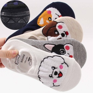In-Stock Summer New Cartoon Women's Boat Socks 200 Needle Cotton Sweat-Absorbing Jacquard Puppy Silicone Women's Shallow Mouth Cotton Socks Manufacturer