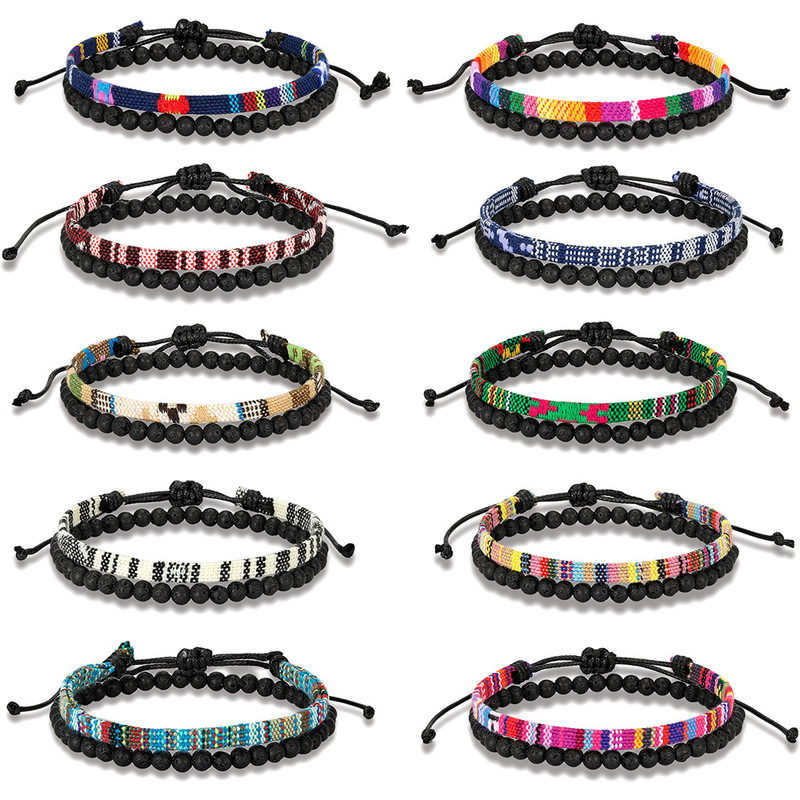 Bohemian Style Handmade Woven Bracelet Men's Lava Volcanic Stone Combination Set Vintage Fabric Handmade Bracelet