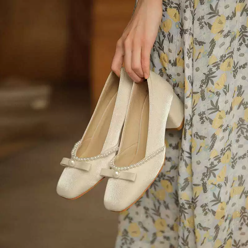 Французские толстые каблуки с квадратной головой с бантом жемчуг неглубокий вечерний ветер нежные одиночные туфли весна и осень ретро Мэри Джейн обувь женщина