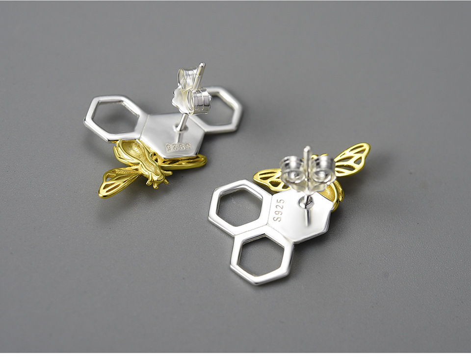 1 Par Diseño Original Panal Abeja Enchapado Plata Esterlina Pendientes display picture 3