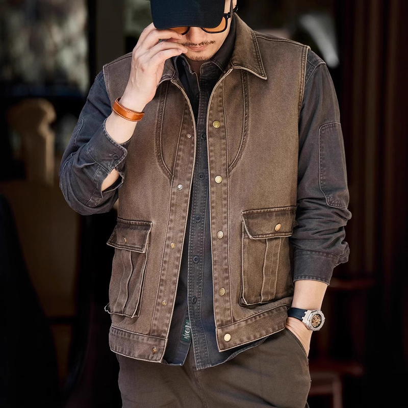 American Retro Workwear Denim Vest for Men, Spring and Autumn Trendy Outdoor Mountain-Style Vest Jacket for Summer