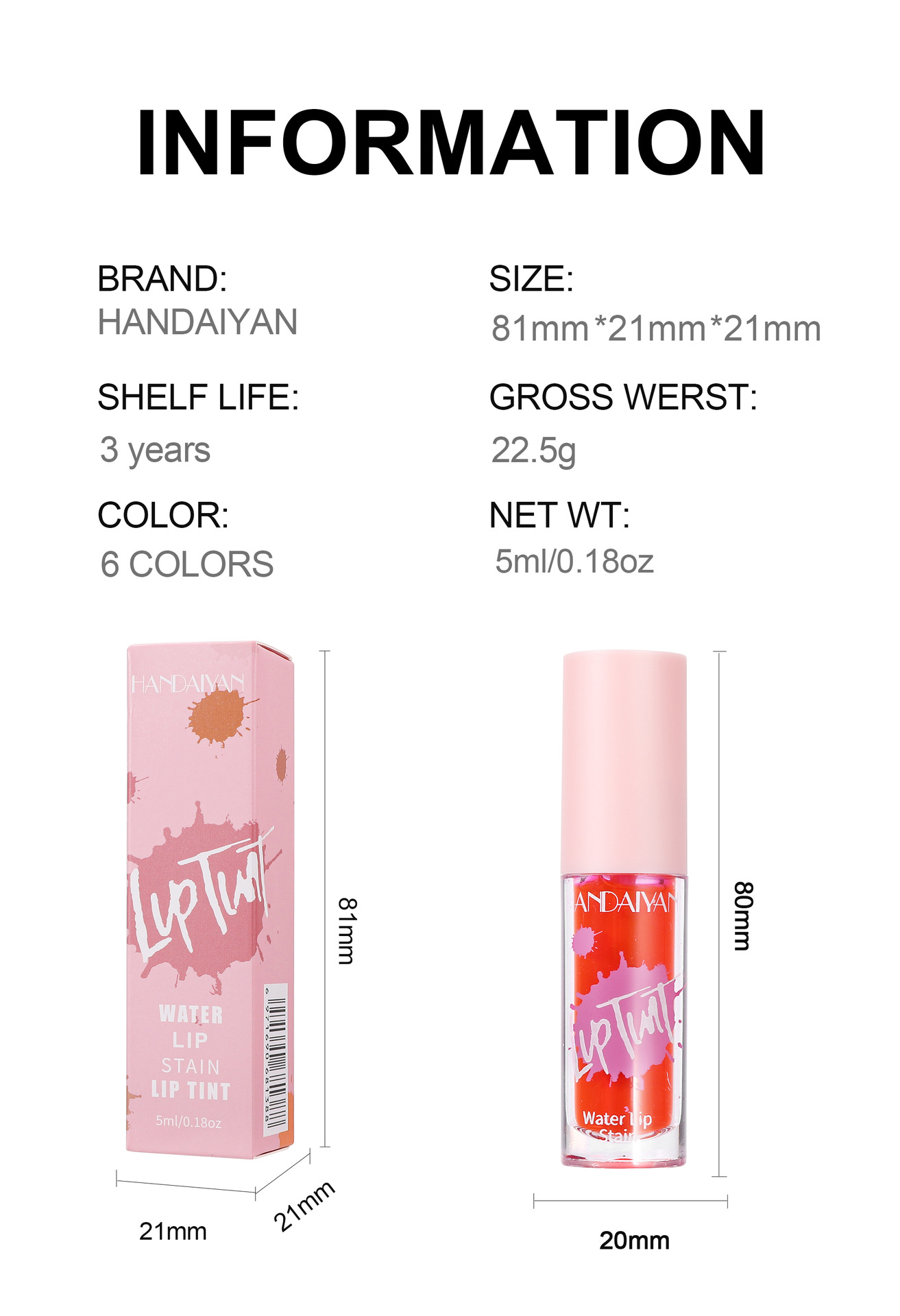 HANDAIYAN, a cross-border lipstick and watercolor makeup bestseller, offers 6 colors of long-lasting moisturizing lip gloss and non-stick cup dye lip liquid undefined