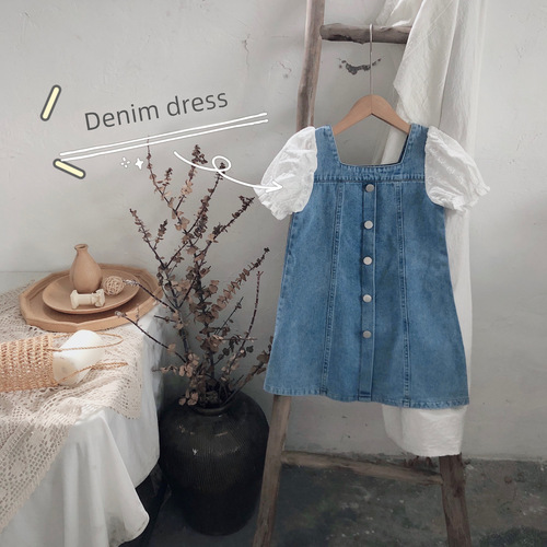 Women's Cowboy Dress 2024 Summer New Arrival Baby Girl Korean Style Bubbling Sleeve Splicing Princess Dress Wholesale