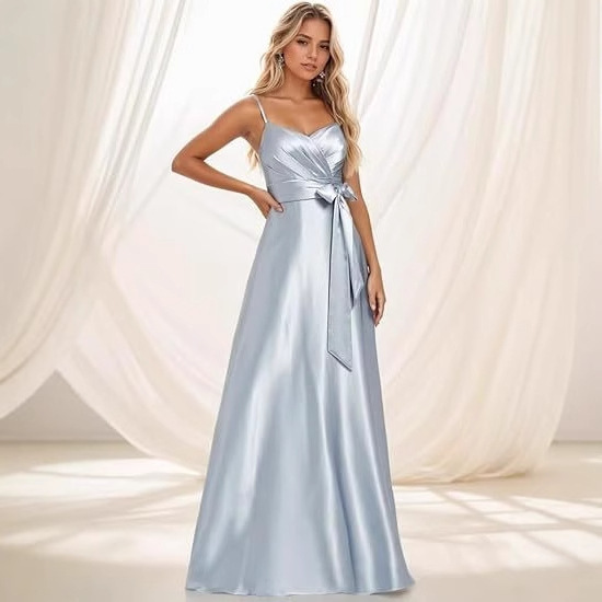 Cross-Border Export Evening Dress Spaghetti Strap Bridesmaid Dress 2025 Women's Slit Bow Satin Evening Dress