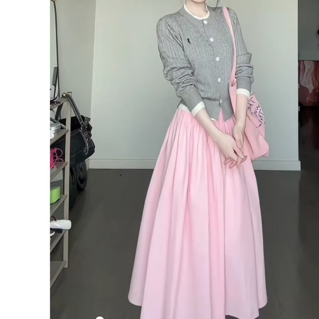秋季盐系减龄长袖针织开衫~甜美淑女显瘦半身裙两件套假两件上衣