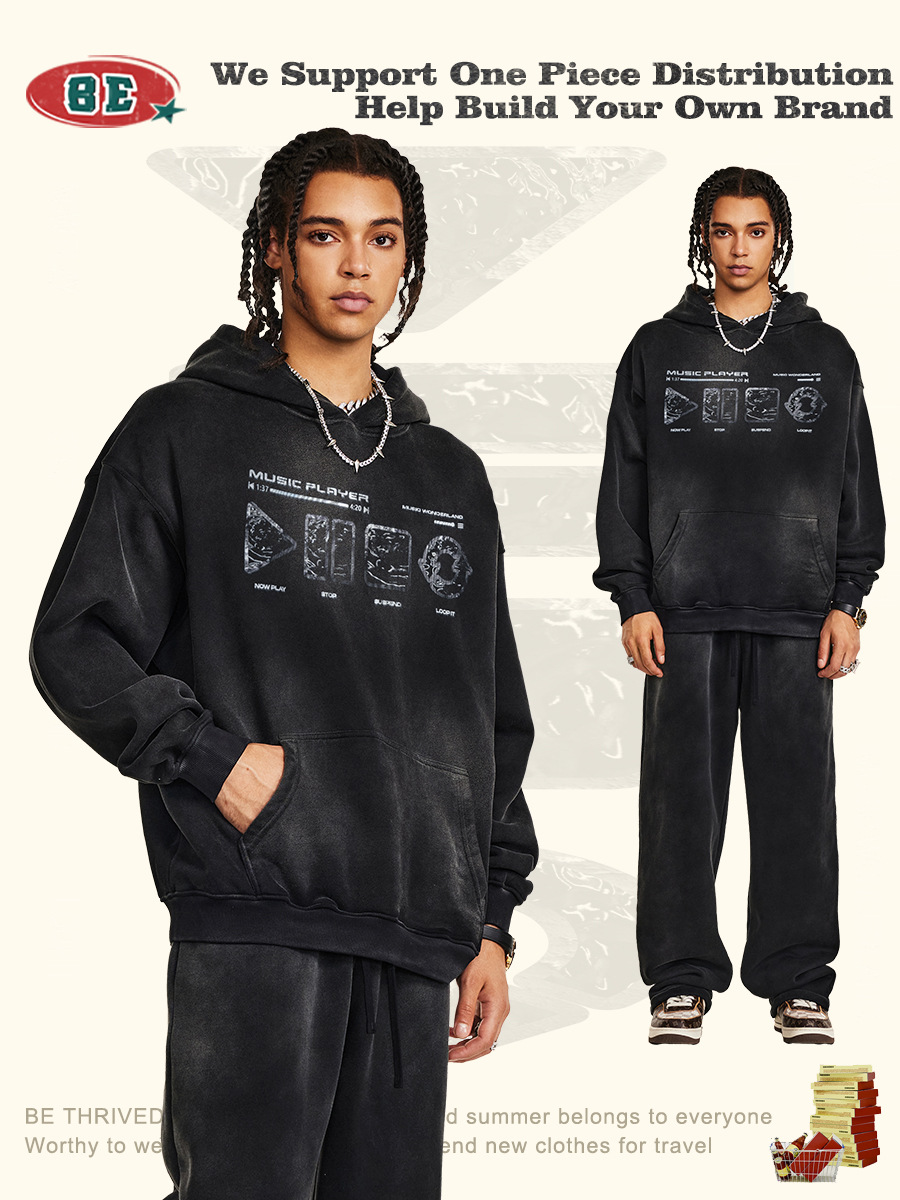 Be Hombres| 2025 otoño americano vibe lavado hace vieja impresión de marca de moda chaqueta con capuz suelta ropa pesada image 3