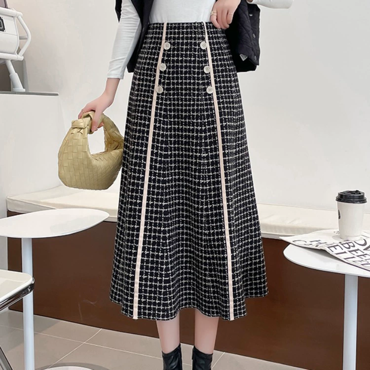 2023 Осенне-зимняя двубортная вязаная юбка в клетку в стиле Шанель, Женская шерстяная юбка средней длины с высокой талией, юбка-зонтик