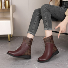 欧美风休闲马丁短靴 拼色头层牛皮秋冬短靴 大码厚底女靴一件代发